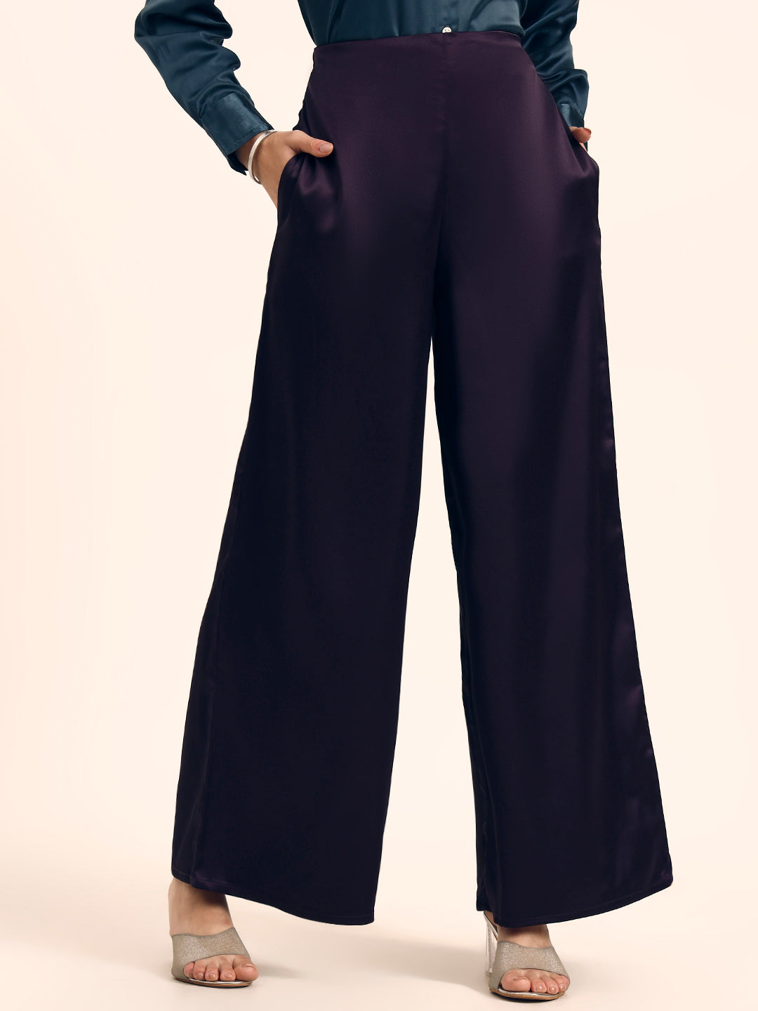 Luxury Satin Wide Leg Pants European Fabric Plum Wine Glam Look