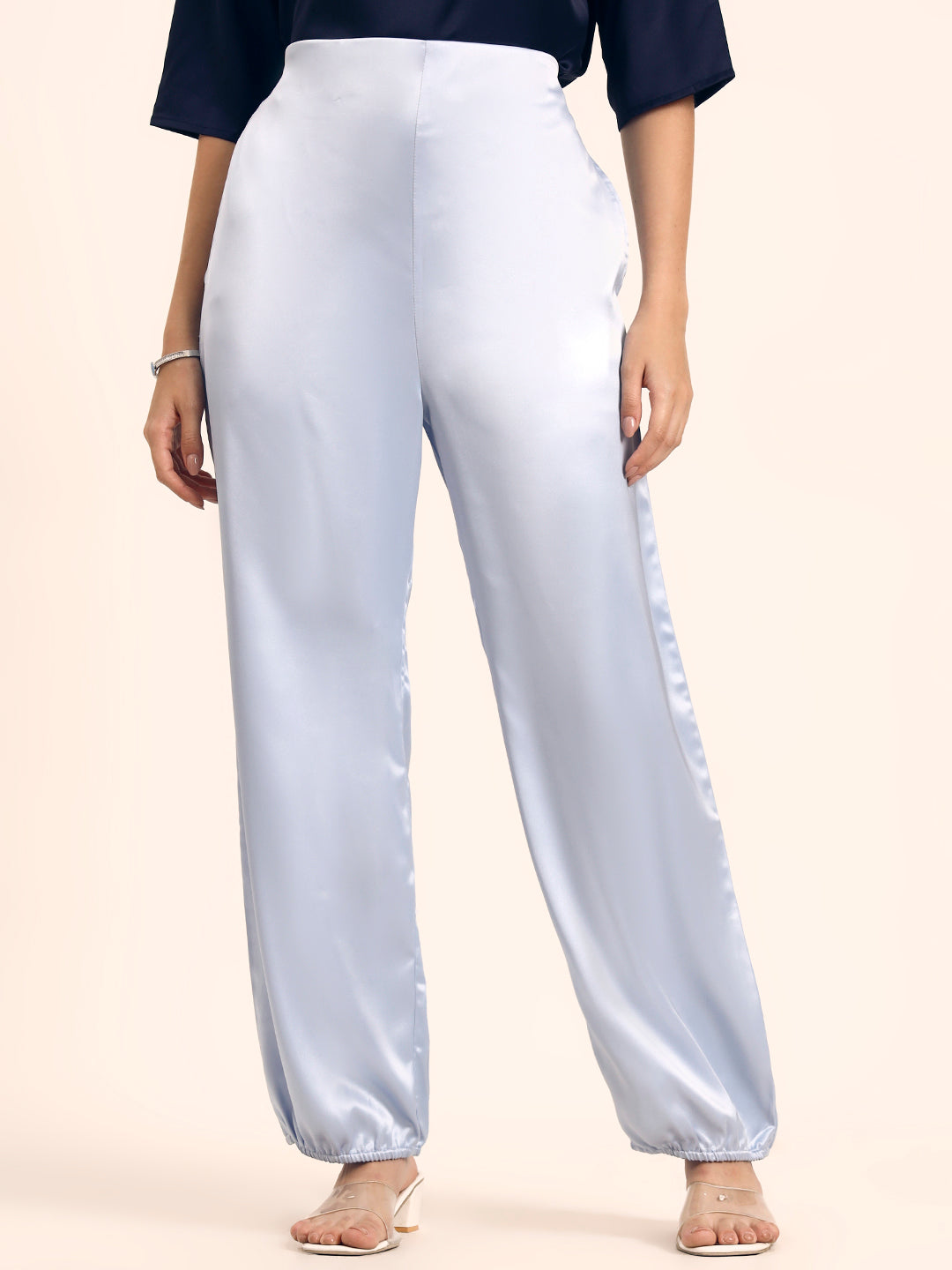 Luxury Satin Wide Leg Pants European Fabric Ice Blue Glam Look