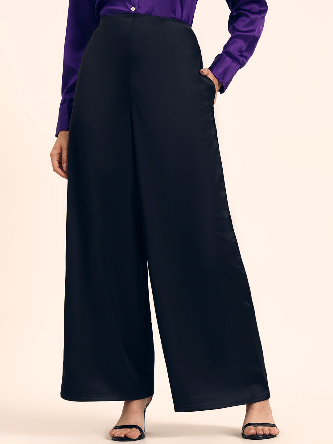 Luxury Satin Wide Leg Pants European Fabric Black Glam Look