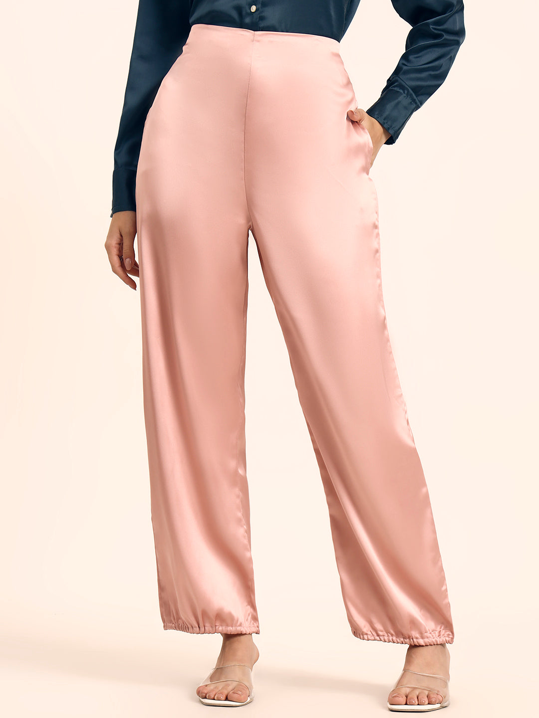Luxury Satin Wide Leg Pants European Fabric Blush Pink Glam Look