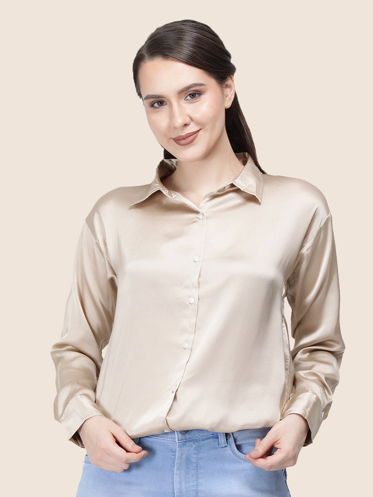 Women'S Premium Champagne Regular Fit Solid Satin Shirt
