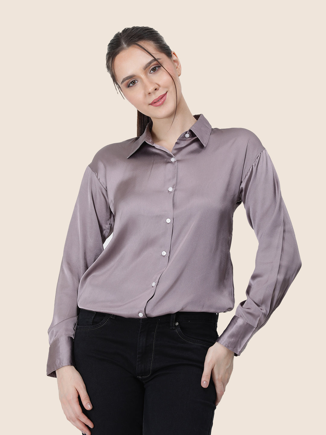 Women'S Premium Mauve Regular Fit Solid Satin Shirt