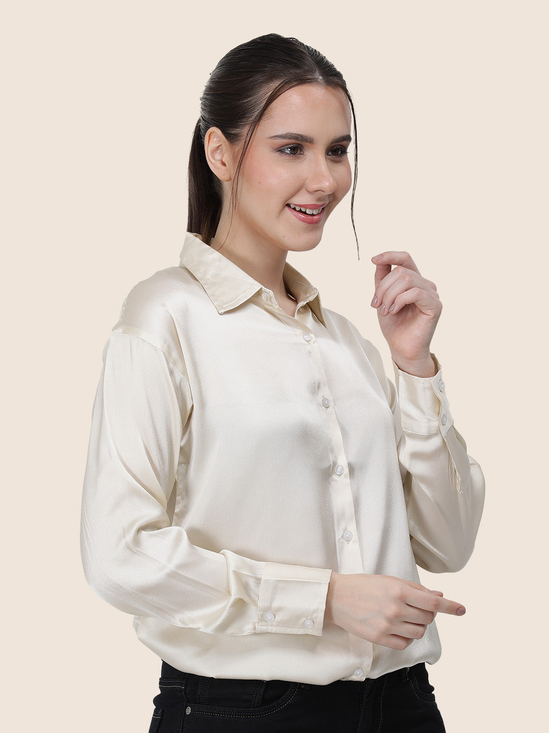 Women'S Premium Off White Regular Fit Solid Satin Shirt
