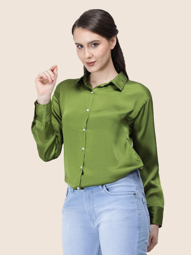 Women'S Premium Olive Regular Fit Solid Satin Shirt
