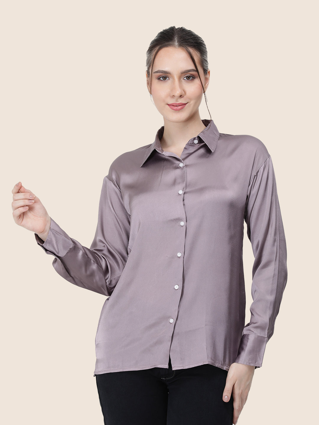 Women'S Premium Mauve Regular Fit Solid Satin Shirt