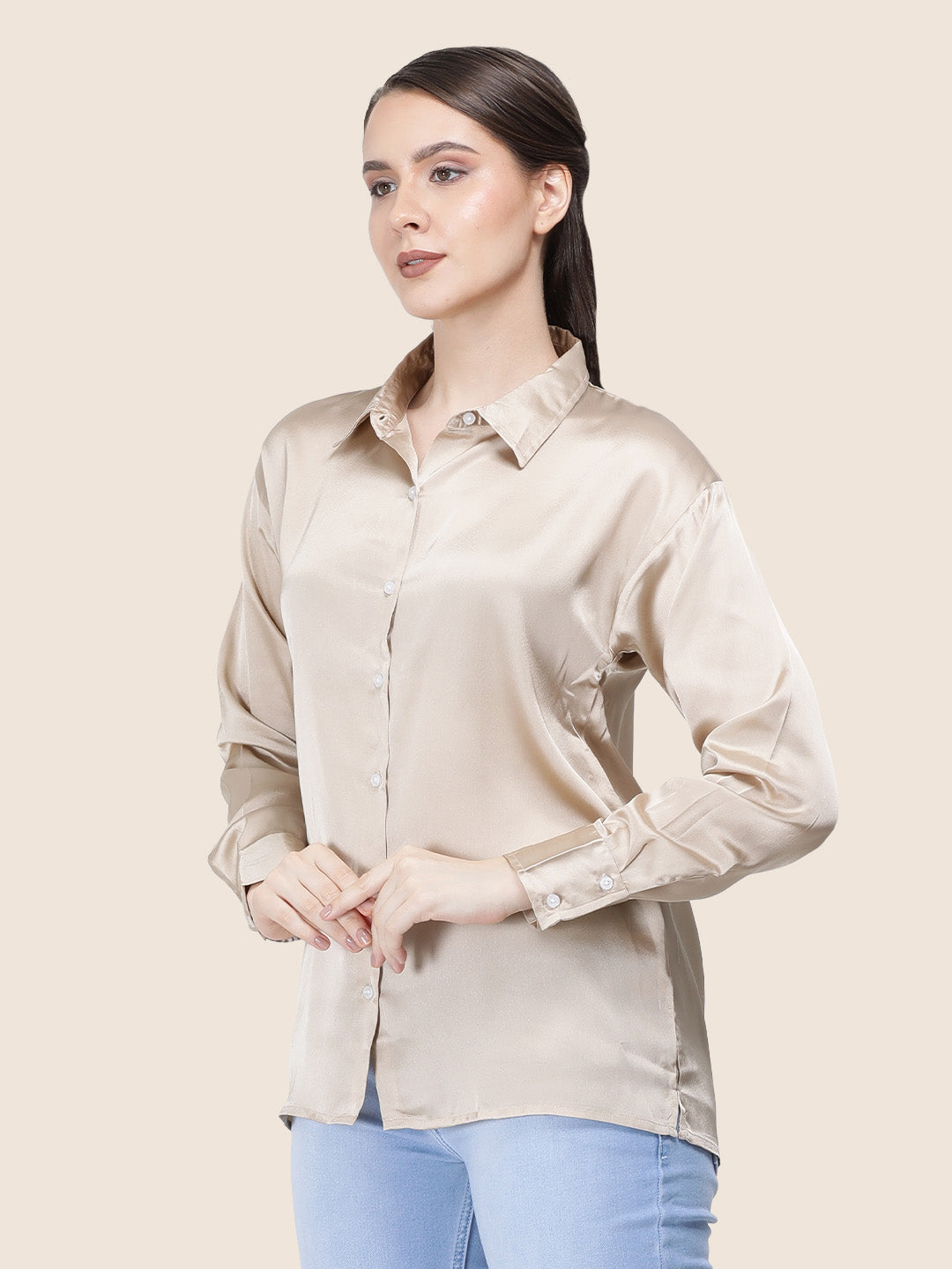 Women'S Premium Champagne Regular Fit Solid Satin Shirt