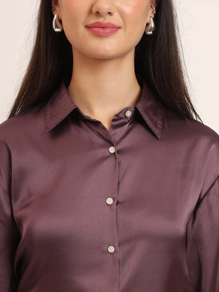 Women'S Premium Walnut Regular Fit Solid Satin Shirt