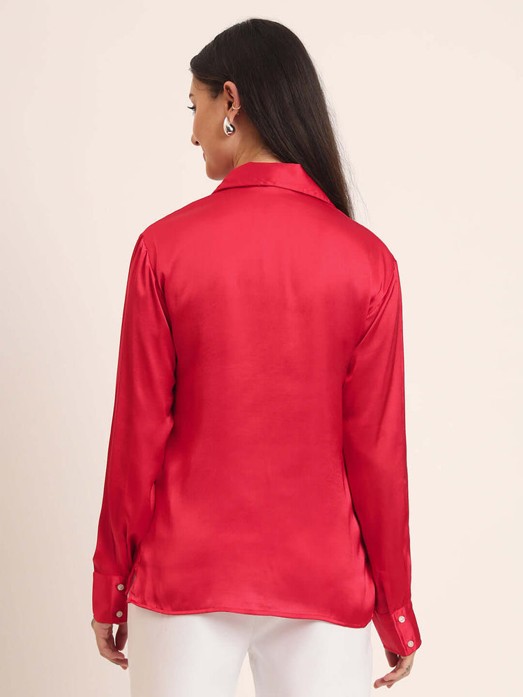 Women'S Premium Red Regular Fit Solid Satin Shirt