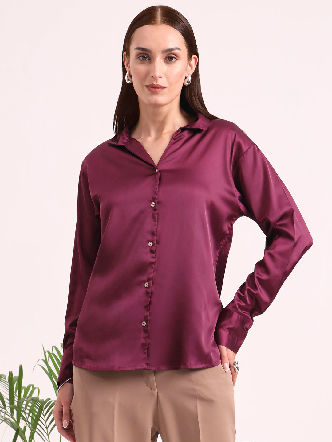 Women's European Satin Spread Collar Shirt
