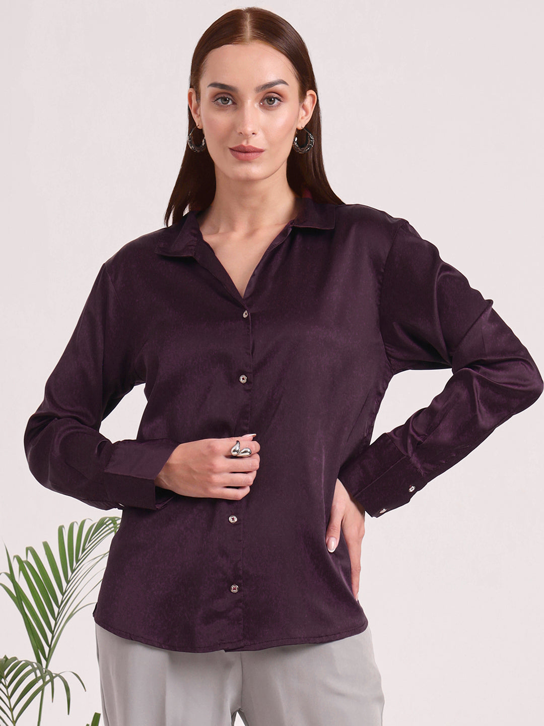 Women's European Satin Spread Collar Shirt
