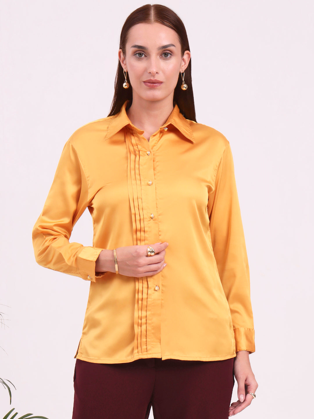 Tailored Fit European Satin Shirt With Pleated Placket
