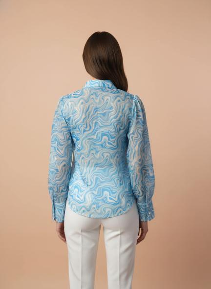 Premium Organza Blue And White Regular Length Straight Hem Digital Print Shirt