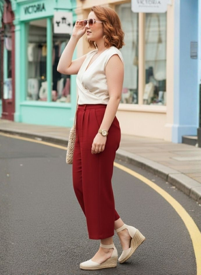 European Satin V Neck Pleated Sleeveless Top