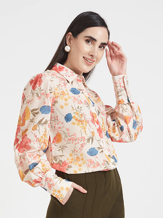 Luxury Cambric Digital Print Puff Sleeve Shirt