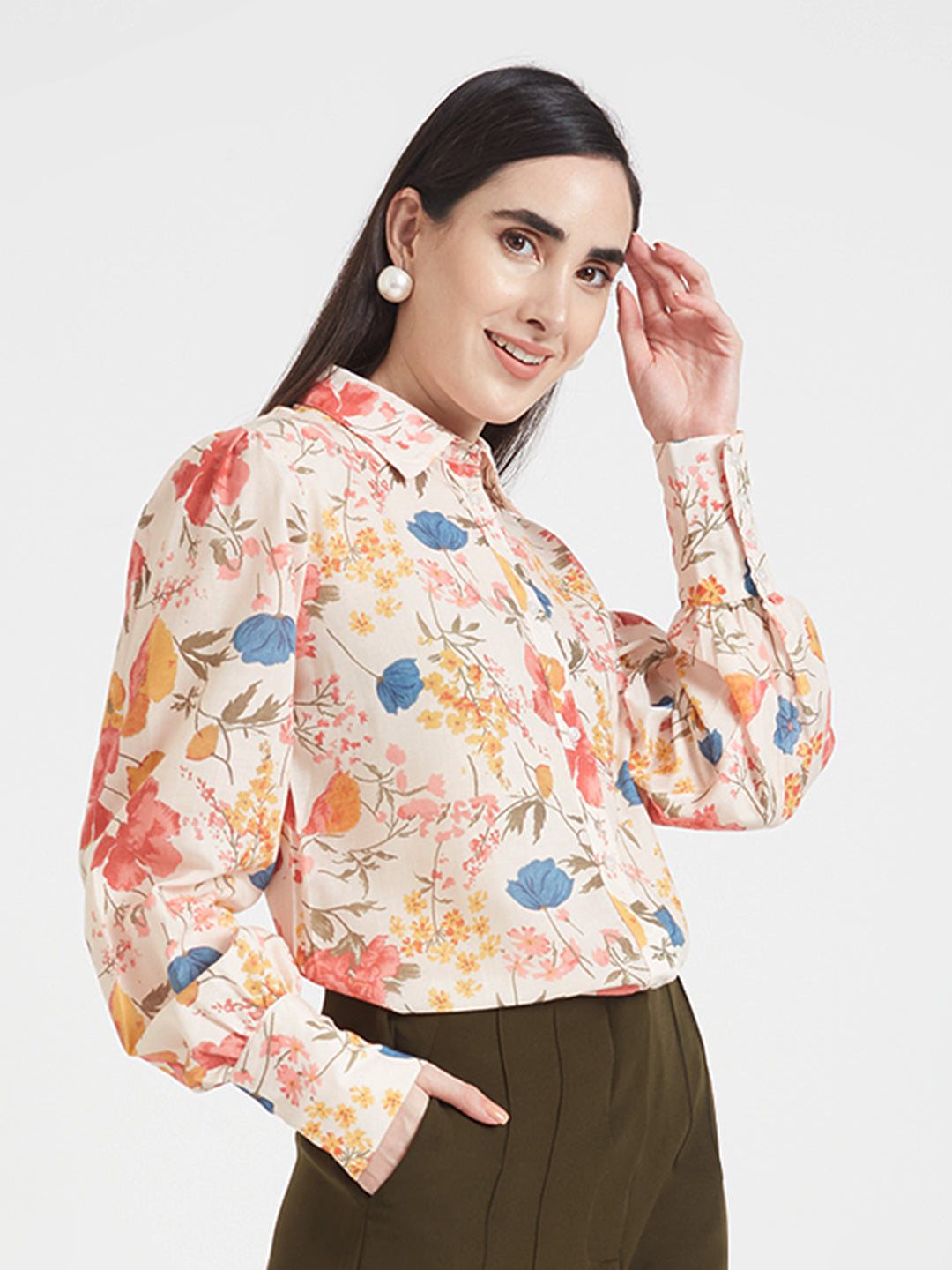 Luxury Cambric Digital Print Puff Sleeve Shirt