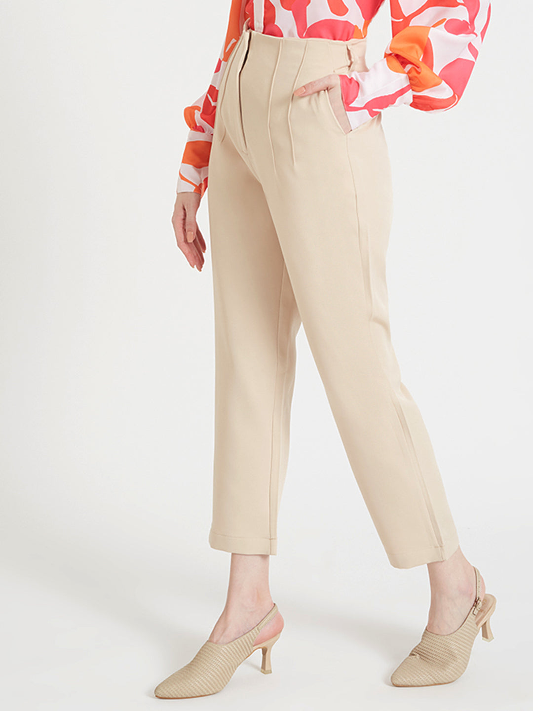 Women'S Luxury Banana Crepe Fawn Skin Fit Multi Pleated Trouser