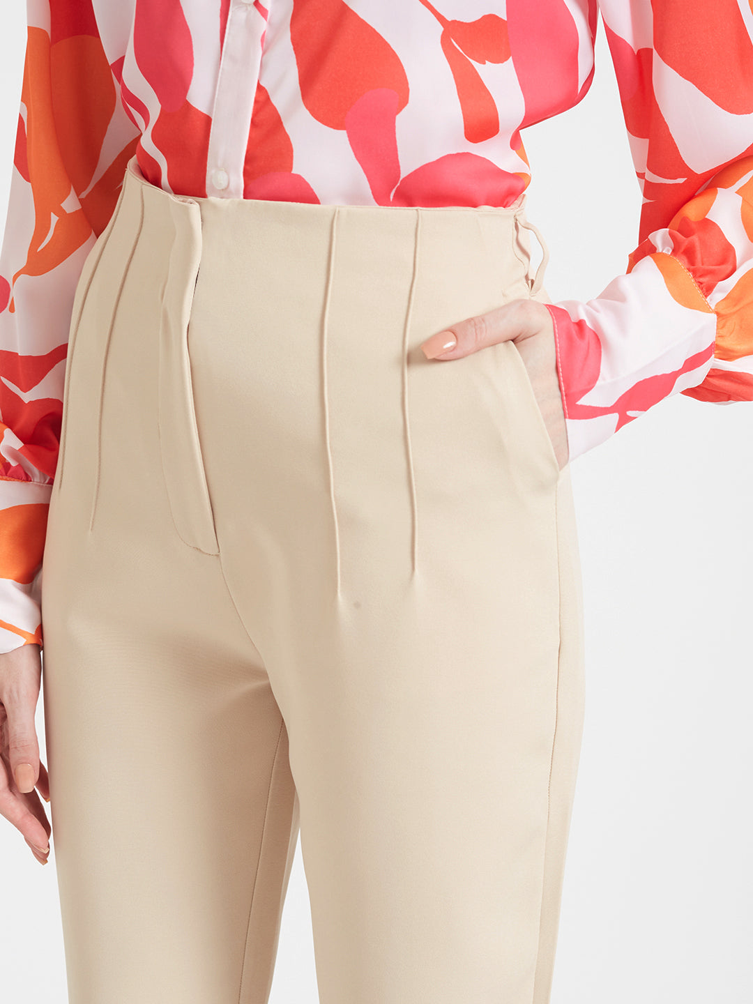 Women'S Luxury Banana Crepe Fawn Skin Fit Multi Pleated Trouser