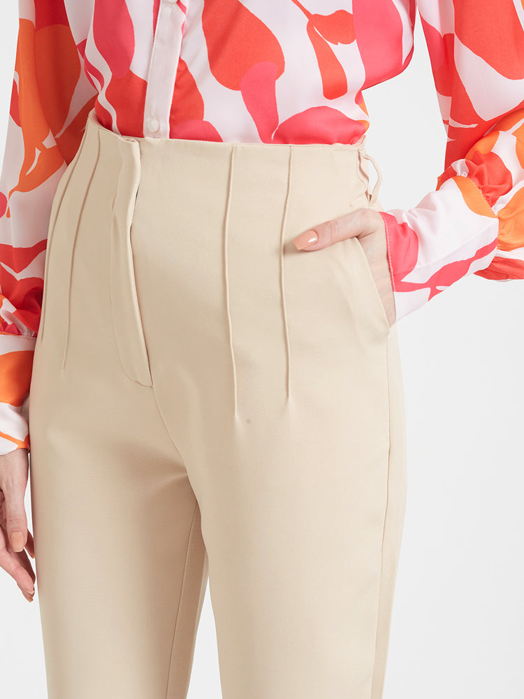 Women'S Luxury Banana Crepe Fawn Skin Fit Multi Pleated Trouser