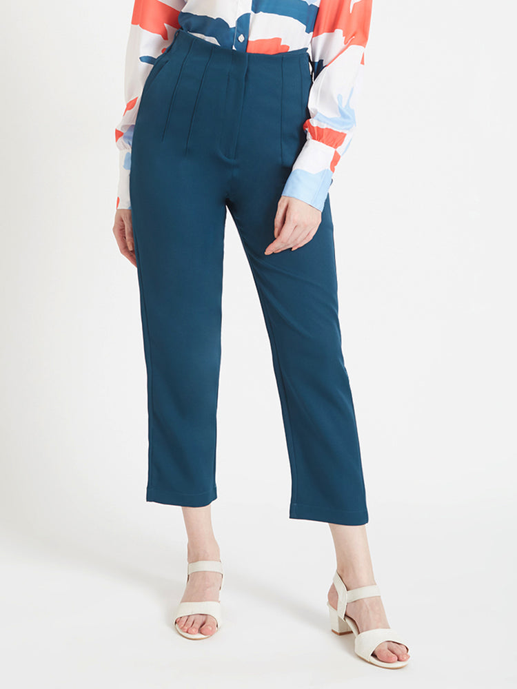 Women'S Luxury Banana Crepe Deep Teal Skin Fit Multi Pleated Trouser