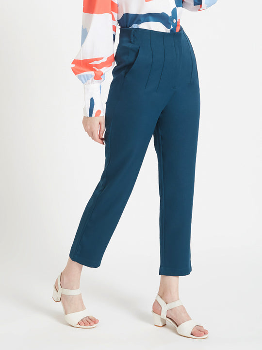 Women'S Luxury Banana Crepe Deep Teal Skin Fit Multi Pleated Trouser
