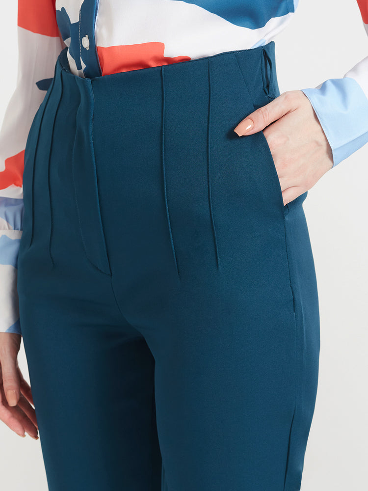 Women'S Luxury Banana Crepe Deep Teal Skin Fit Multi Pleated Trouser