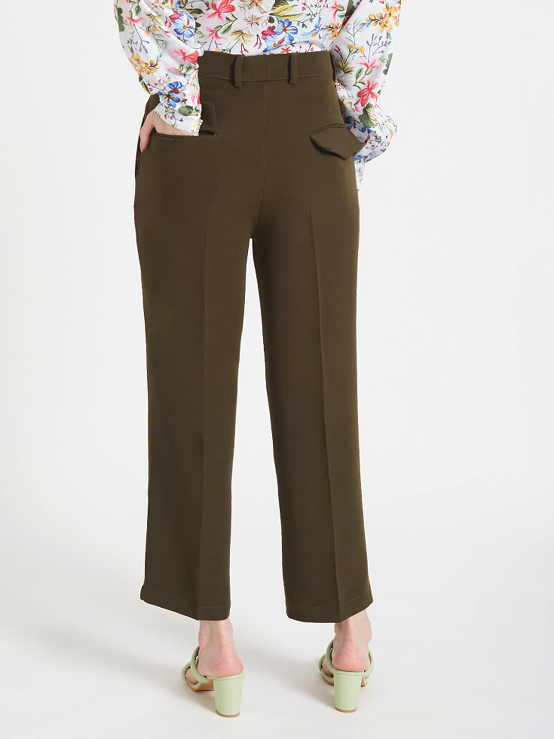 Women'S Luxury Banana Crepe Olive Straight Fit Flap Pocket Trouser