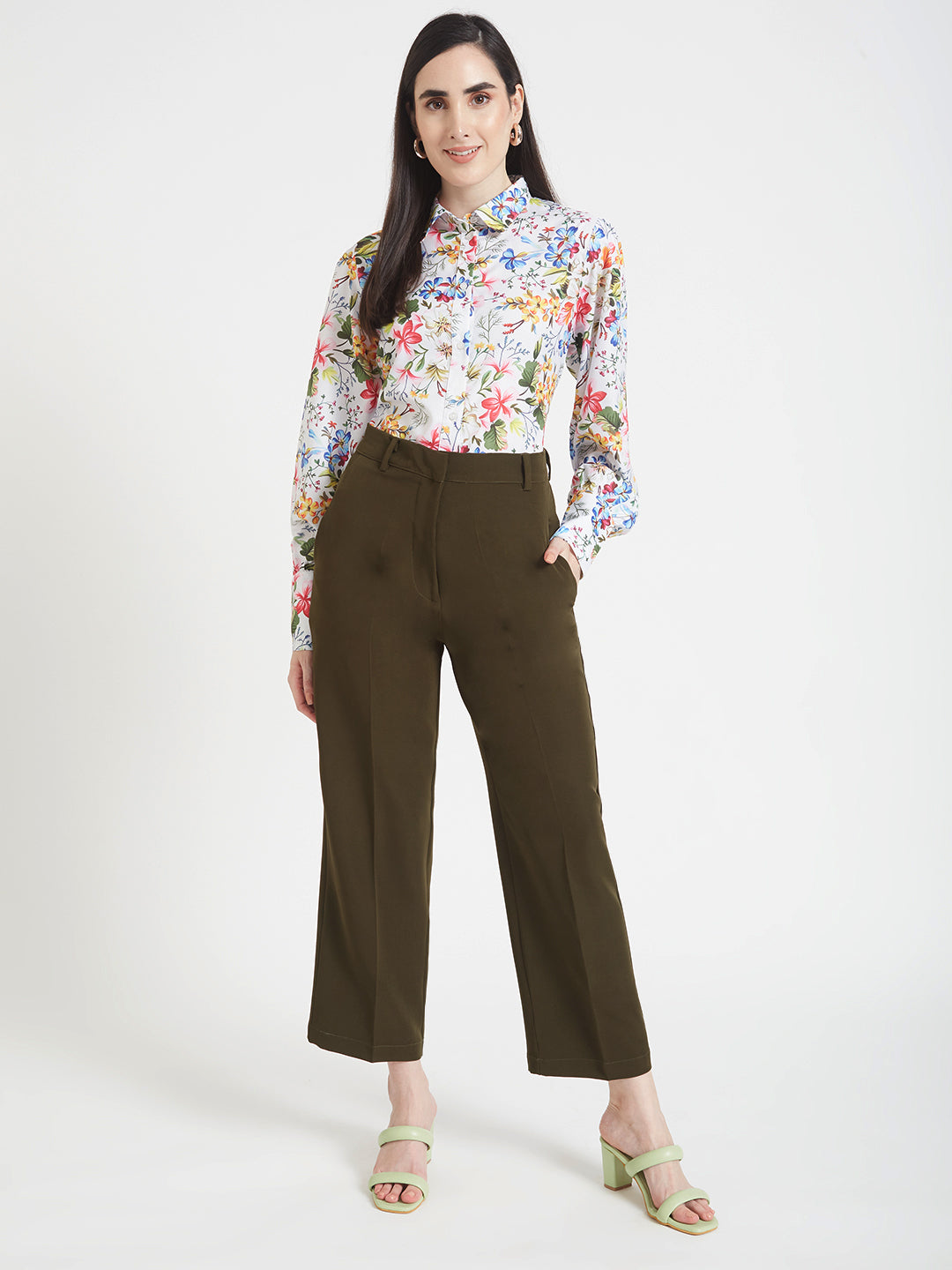 Women'S Luxury Banana Crepe Olive Straight Fit Flap Pocket Trouser