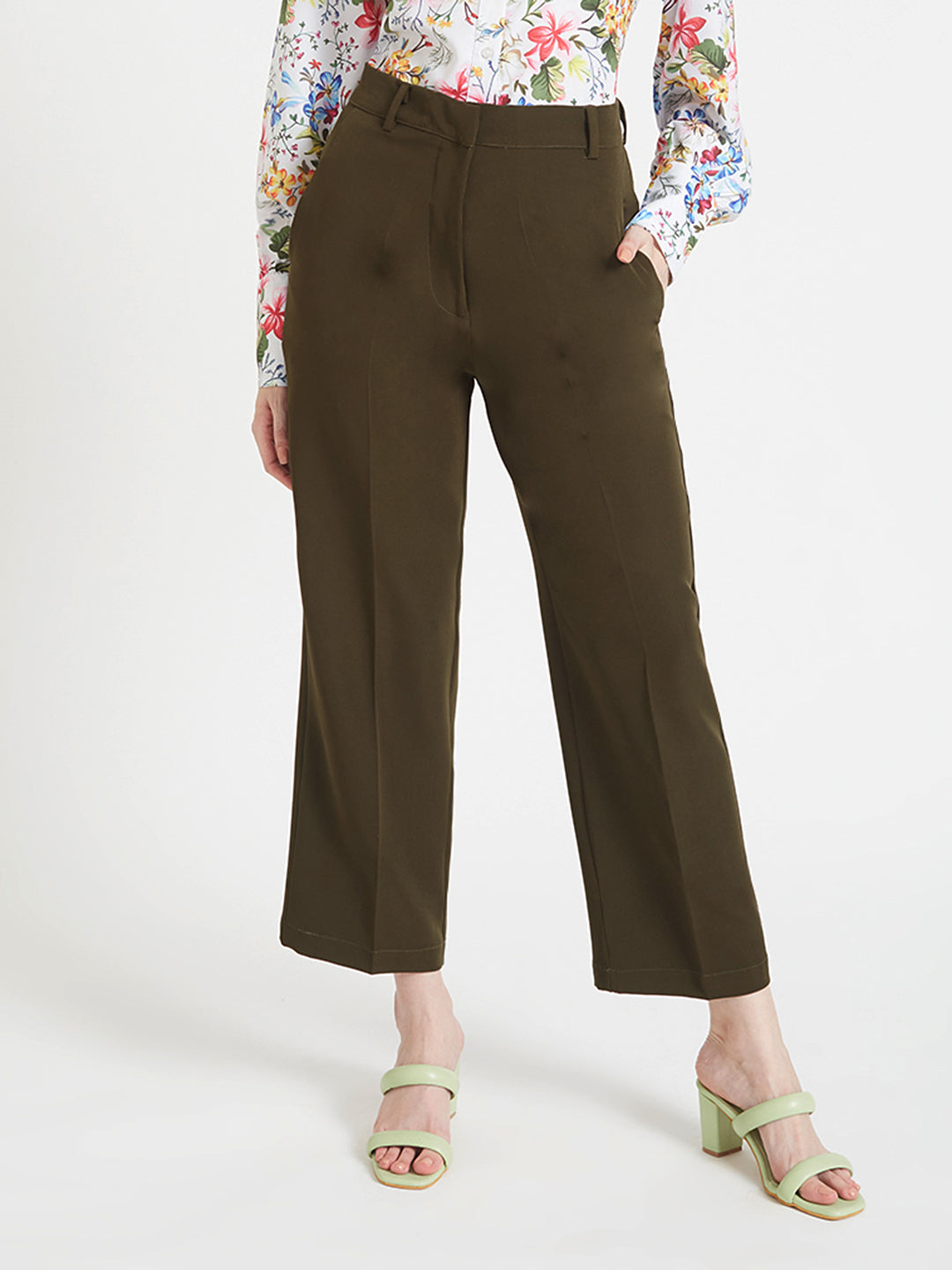 Women'S Luxury Banana Crepe Olive Straight Fit Flap Pocket Trouser