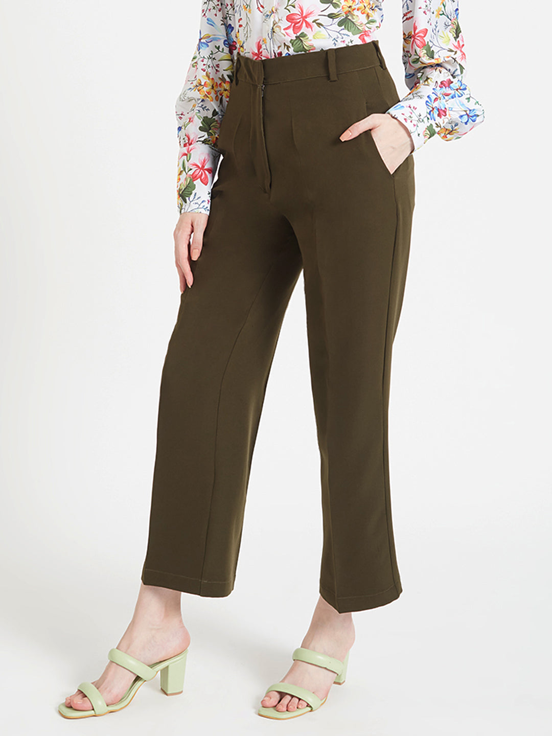 Women'S Luxury Banana Crepe Olive Straight Fit Flap Pocket Trouser