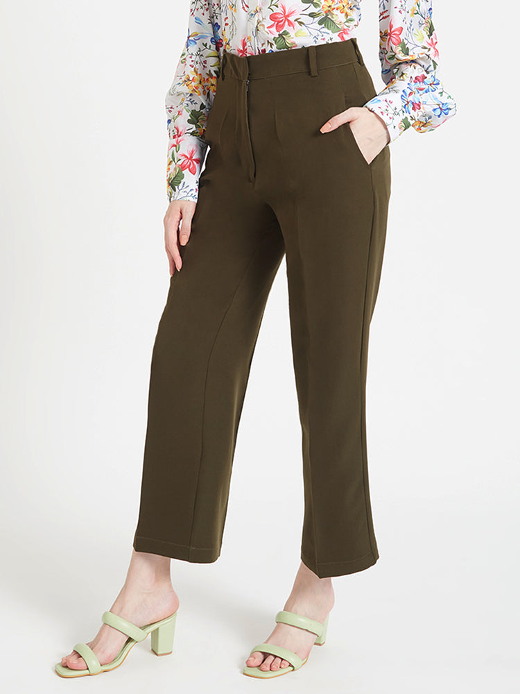 Women'S Luxury Banana Crepe Olive Straight Fit Flap Pocket Trouser