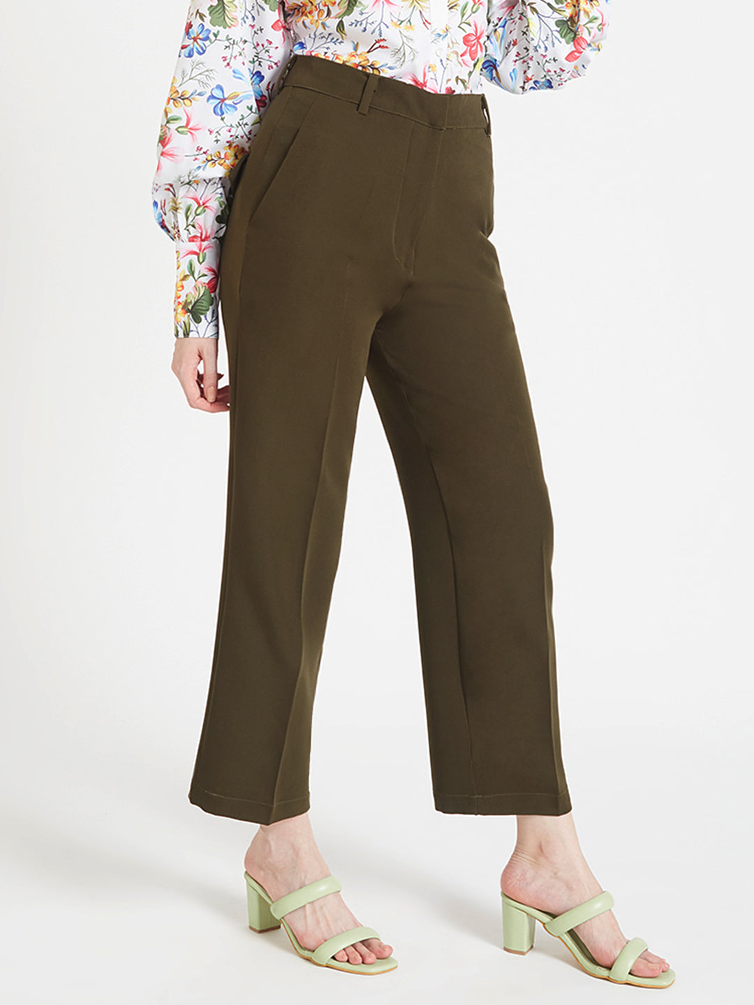 Women'S Luxury Banana Crepe Olive Straight Fit Flap Pocket Trouser