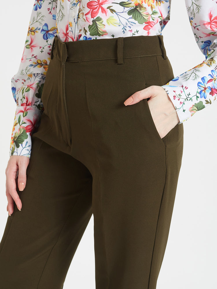 Women'S Luxury Banana Crepe Olive Straight Fit Flap Pocket Trouser