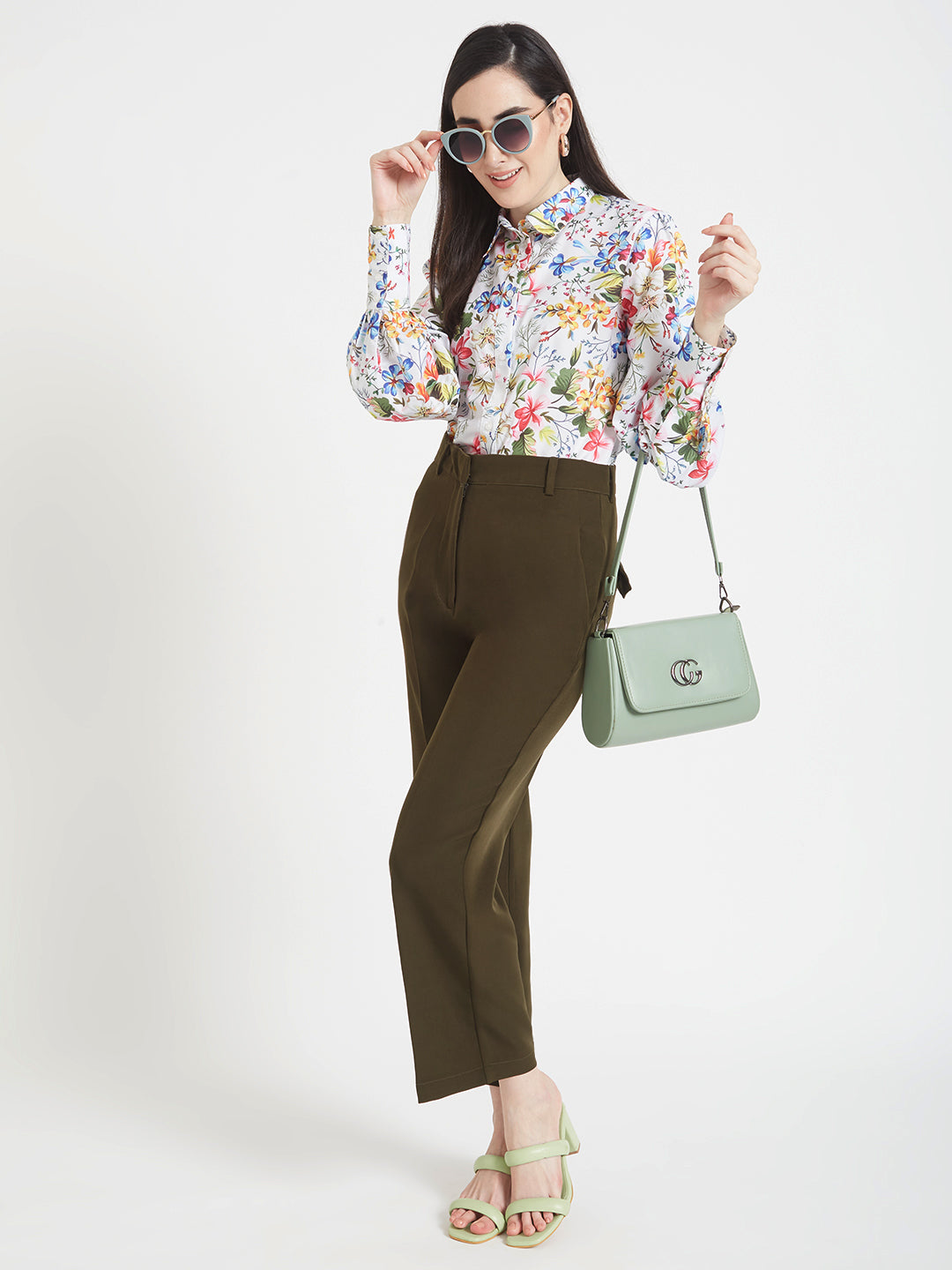 Women'S Luxury Banana Crepe Olive Straight Fit Flap Pocket Trouser