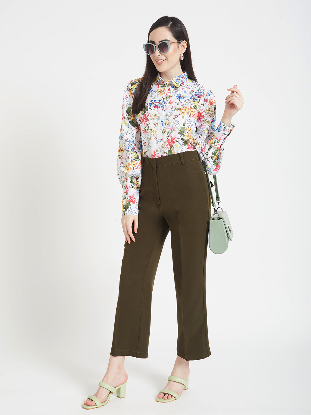 Women'S Luxury Banana Crepe Olive Straight Fit Flap Pocket Trouser