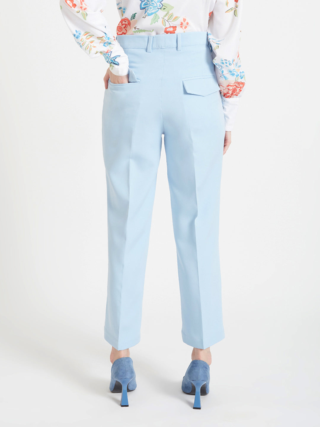 Women'S Luxury Banana Crepe Ice Blue Straight Fit Flap Pocket Trouser