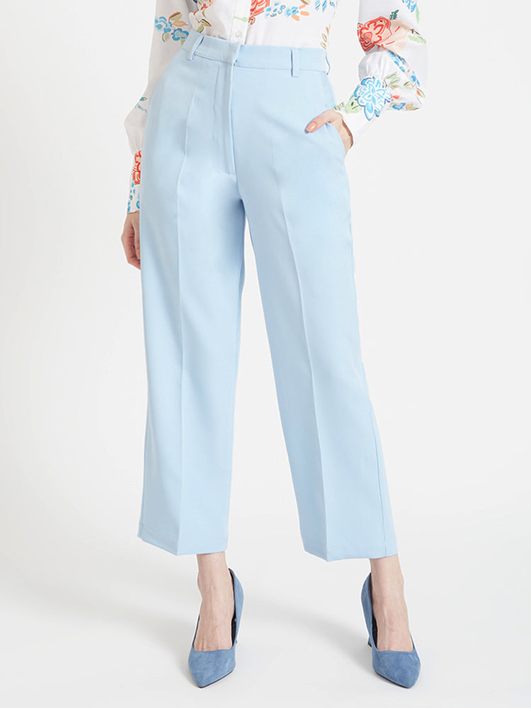 Women'S Luxury Banana Crepe Ice Blue Straight Fit Flap Pocket Trouser