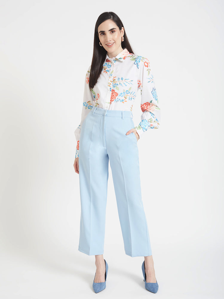 Women'S Luxury Banana Crepe Ice Blue Straight Fit Flap Pocket Trouser
