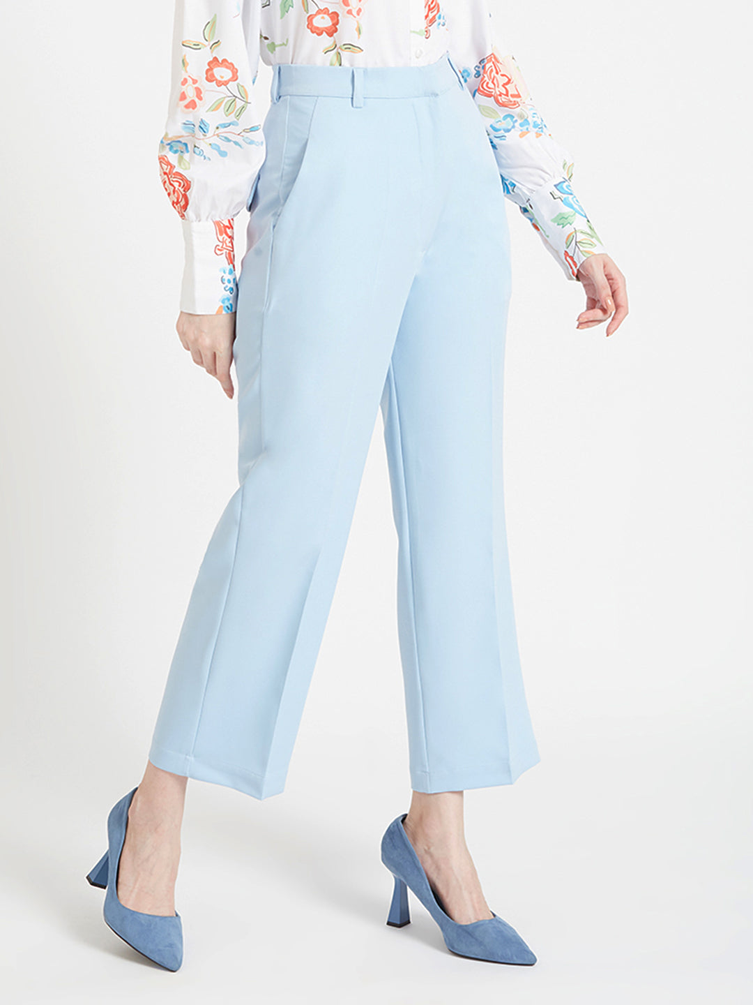 Women'S Luxury Banana Crepe Ice Blue Straight Fit Flap Pocket Trouser