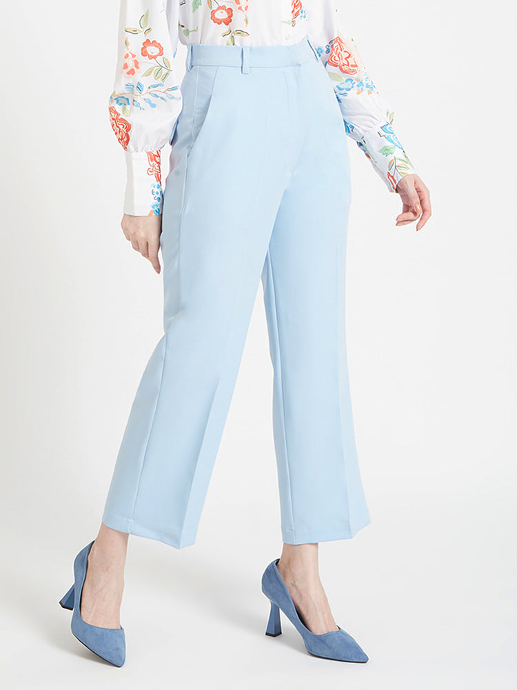 Women'S Luxury Banana Crepe Ice Blue Straight Fit Flap Pocket Trouser