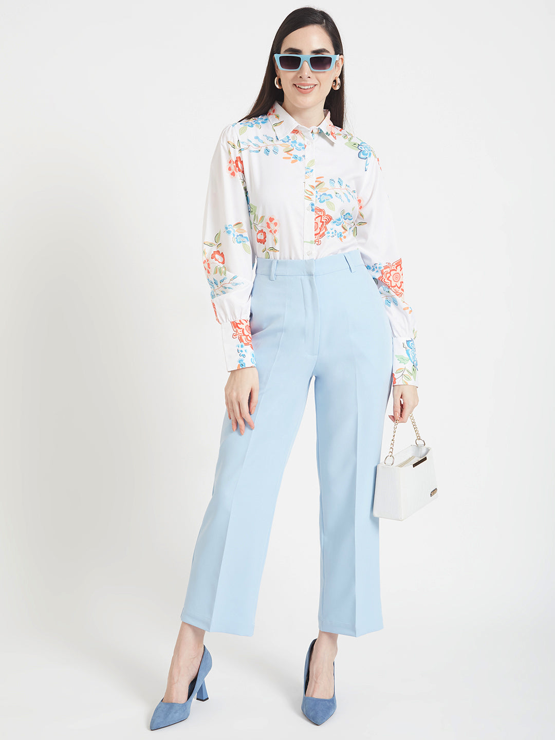 Women'S Luxury Banana Crepe Ice Blue Straight Fit Flap Pocket Trouser