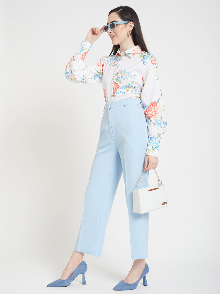 Women'S Luxury Banana Crepe Ice Blue Straight Fit Flap Pocket Trouser