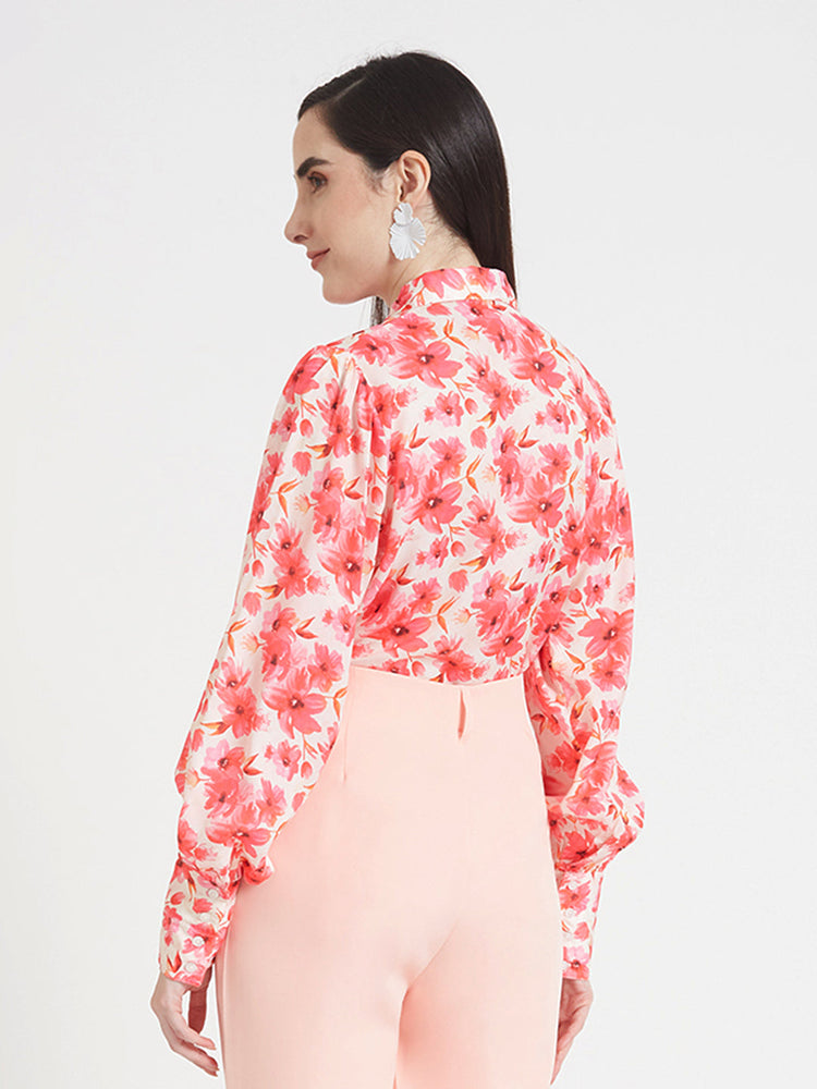 Luxury Satin Digital Print Puff Sleeve Shirt