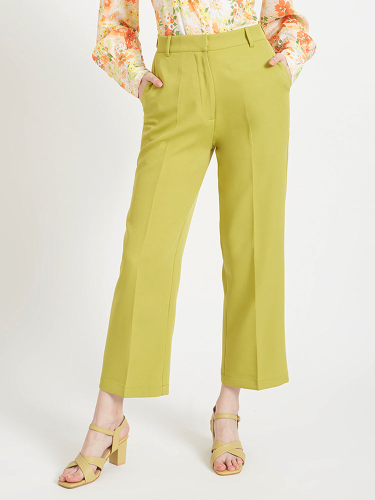 Women'S Luxury Banana Crepe Lime Green Straight Fit Flap Pocket Trouser