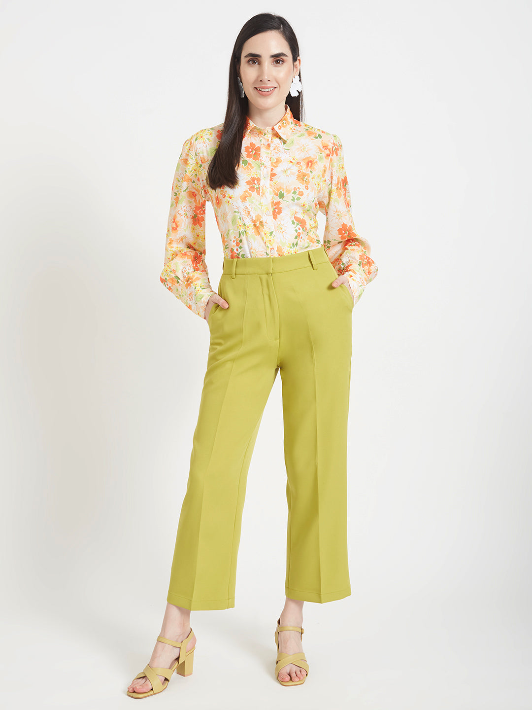 Women'S Luxury Banana Crepe Lime Green Straight Fit Flap Pocket Trouser