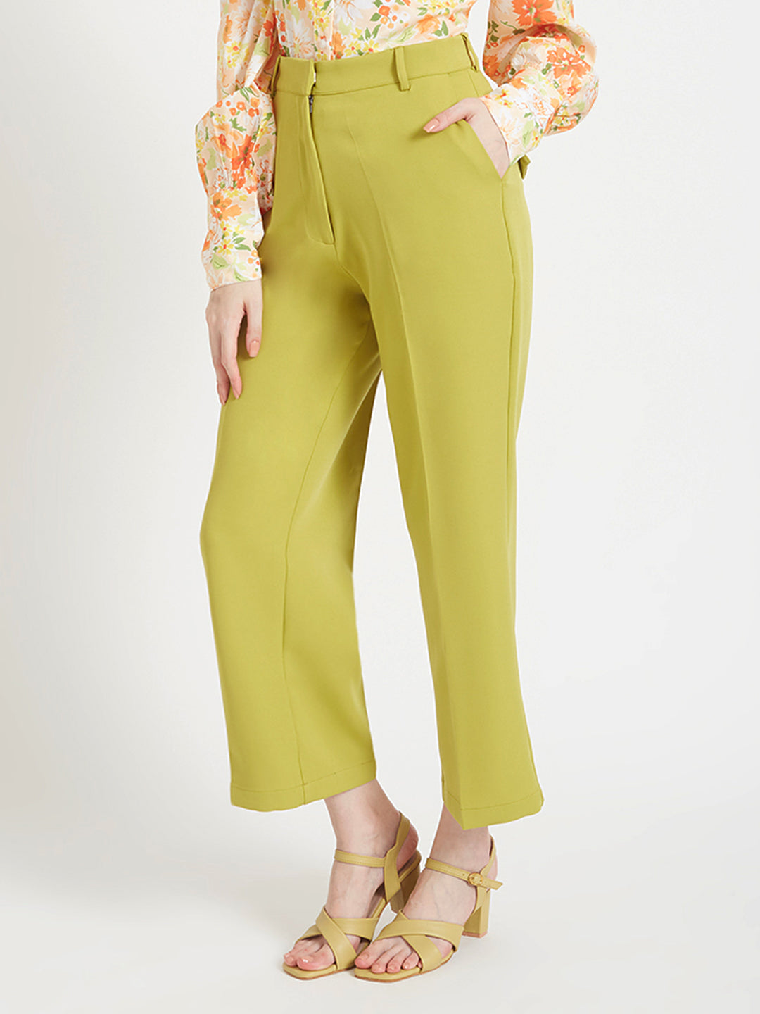 Women'S Luxury Banana Crepe Lime Green Straight Fit Flap Pocket Trouser