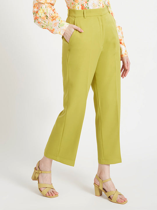 Women'S Luxury Banana Crepe Lime Green Straight Fit Flap Pocket Trouser