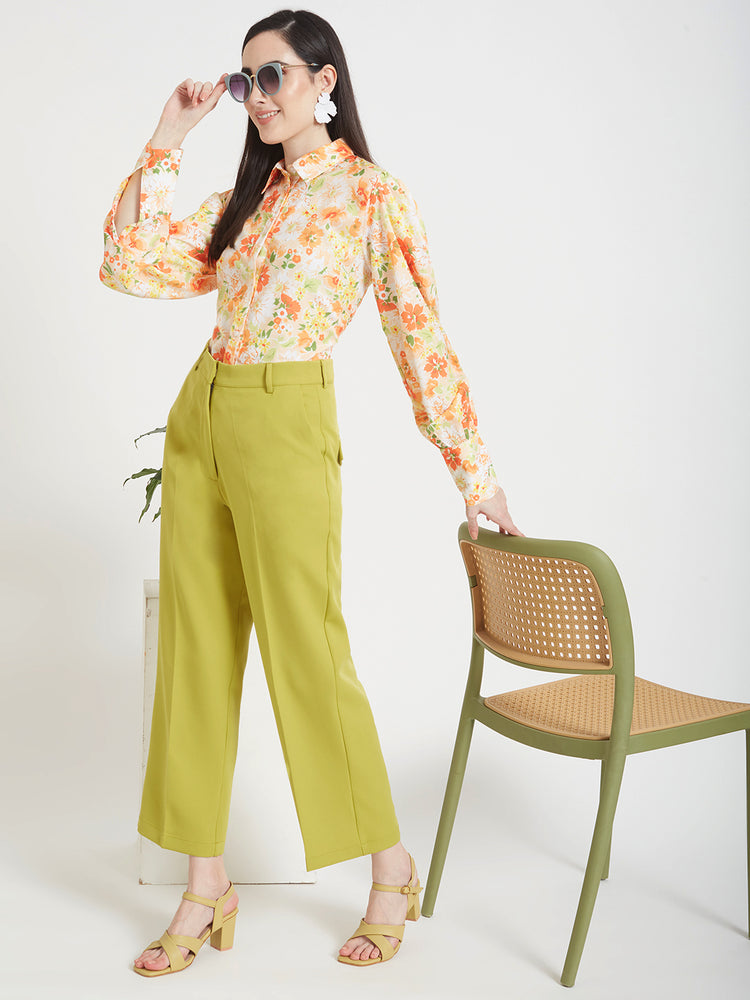 Women'S Luxury Banana Crepe Lime Green Straight Fit Flap Pocket Trouser