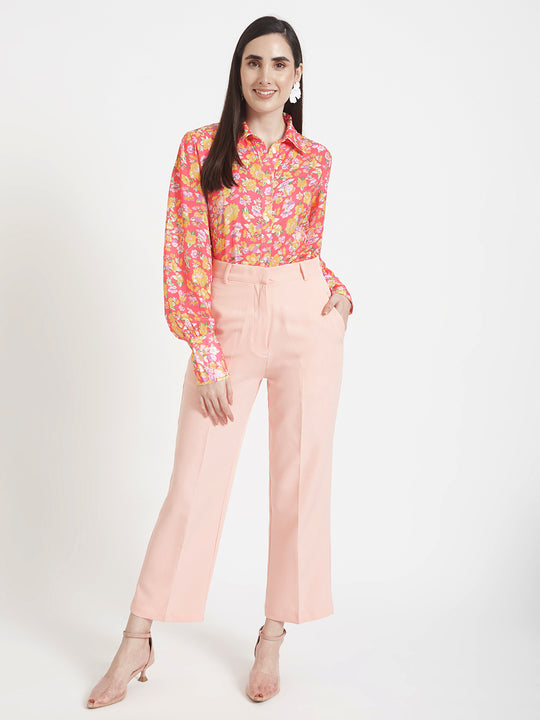 Women'S Luxury Banana Crepe Peach Straight Fit Flap Pocket Trouser