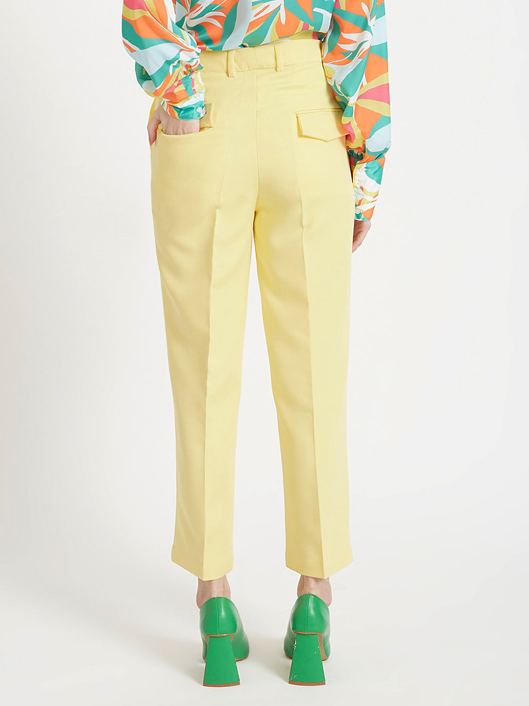 Women'S Luxury Banana Crepe Iris Yellow Straight Fit Flap Pocket Trouser
