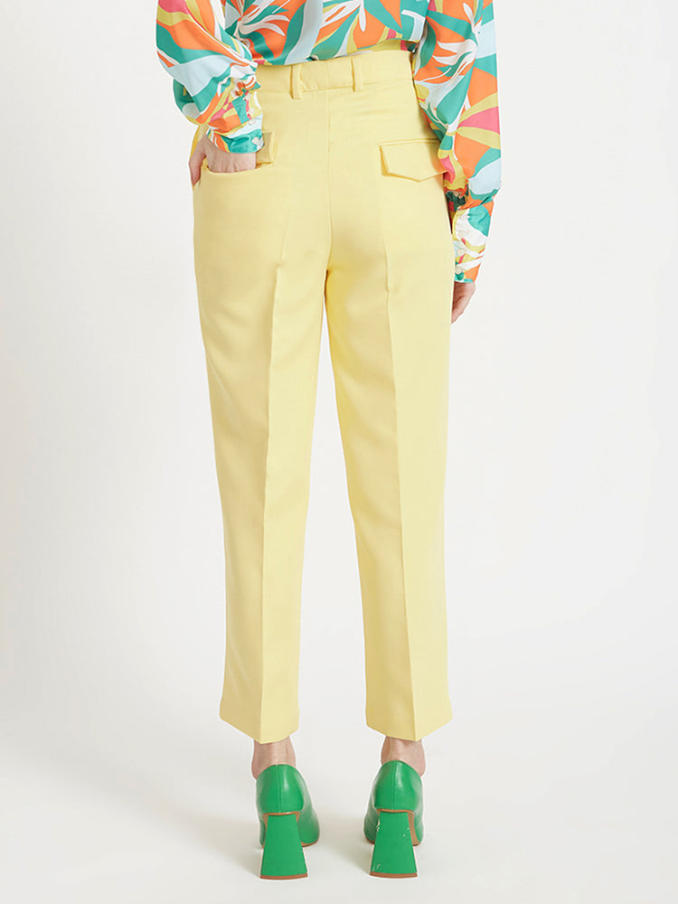 Women'S Luxury Banana Crepe Iris Yellow Straight Fit Flap Pocket Trouser